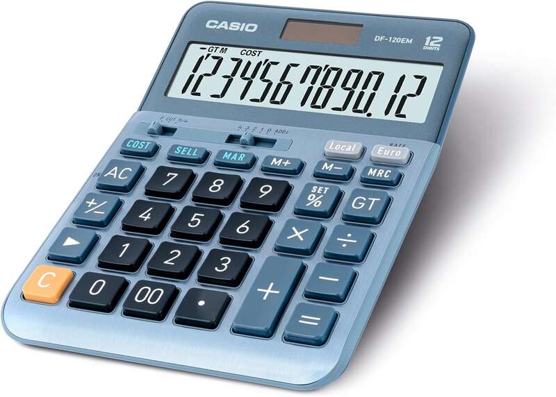 Casio DF-120EM Calculadora de Sobremesa - Pantalla Extragrande de 12 Digitos - Alimentacion Solar y Pilas - Color Azul