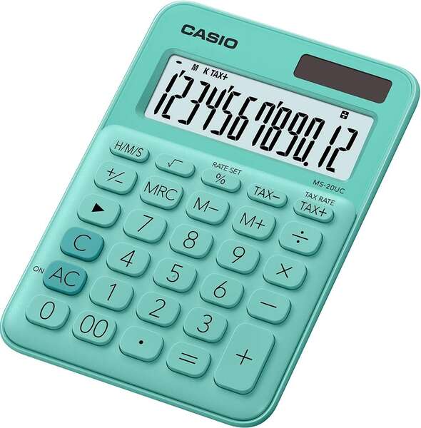 Casio MS-20UC Calculadora de Sobremesa Pequeña - Pantalla LCD de 12 Digitos - Alimentacion Solar y Pilas - Color Verde
