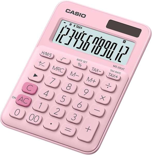 Casio MS-20UC Calculadora de Sobremesa Pequeña - Pantalla LCD de 12 Digitos - Alimentacion Solar y Pilas - Color Rosa