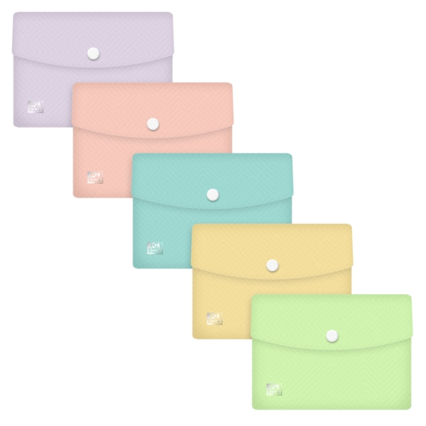 Oxford Urban A6 Sobre Portadocumentos de Plastico Rigido Translucido A6 - Capacidad hasta 40 Hojas - Cierre de Broche - Colores Pastel Surtidos - Cantidad: 5