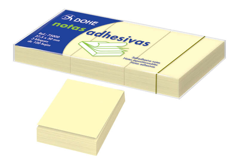Dohe Pack de 3 Blocs de 100 Notas Reposicionables - Tamaño 37,5x50mm - Papel de 75gr - Ideal para Oficina y Escuela - Color Amarillo Claro