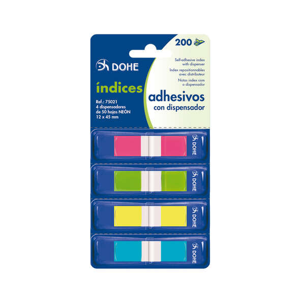 Dohe Pack de 4 Mini-Indices Adhesivos Reposicionables de 50uds cada Uno - Medidas 12x45mm - Dispensador con 4 Colores - Ideal para Oficina y Escuela - Colores Surtidos
