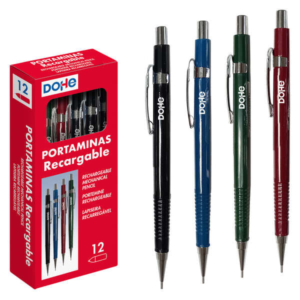 Dohe Portaminas Recargable - Cuerpo de Plastico - Zona Estriada para Agarre - Clip, Pulsador y Punta Metalica - Goma de Borrar - para Minas de 0.5mm - Cantidad: 12