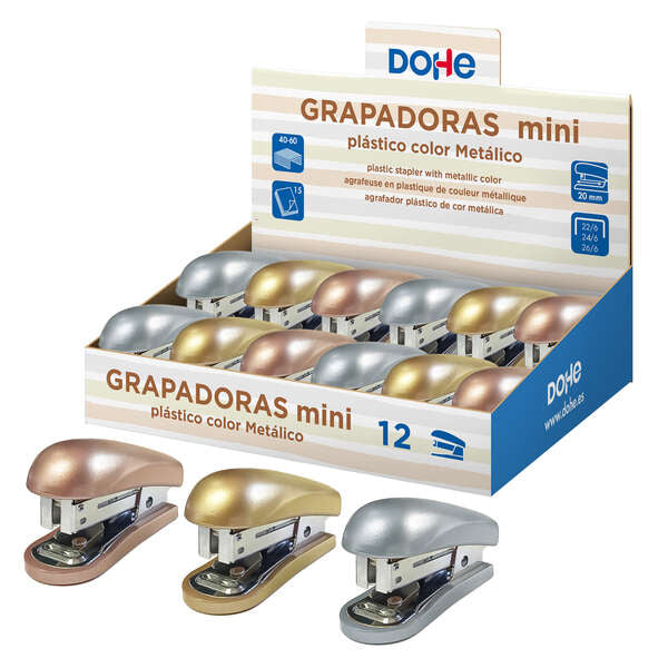 Dohe Expositor de 12 Mini grapadoras de Sobremesa - Materiales Plasticos de Primera Calidad - Capacidad de Grapado hasta 15 Hojas - Admite grapas de 22/6, 24/6 y 26/6 - Cantidad: 12