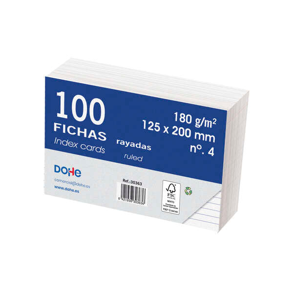 Dohe Fichas de Cartulina Offset Blanca - 180g - Rayadas - Paquete de 100 Fichas