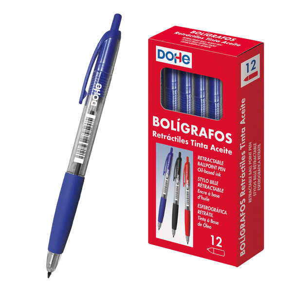 Dohe Boligrafos Retractiles de Tinta a Base de Aceite - Punta Bola de 1mm - Trazo de 0.4mm - Cuerpo Transparente con Grip de Caucho - Caja de 12 Unidades