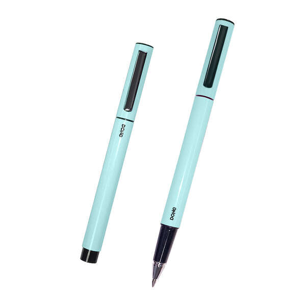 Dohe Boligrafos Elegantes de Aluminio - Cuerpo Ovalado en Verde - Ligeros y Ergonomicos - Capucha con Clip - Tinta Azul - Cantidad: 4
