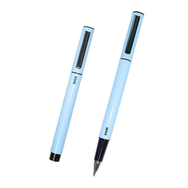 Dohe Boligrafos Elegantes de Metal Ligero - Cuerpo Ovalado Azul Ergonomico - Capucha con Clip - Fabricados en Aluminio - Tinta Azul - Cantidad: 4