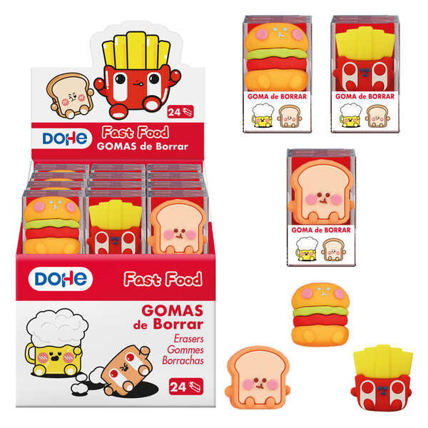 Dohe Expositor de 24 Gomas de Borrar en PVC con Forma de Alimentos - Suave Tacto - Envasadas Individualmente