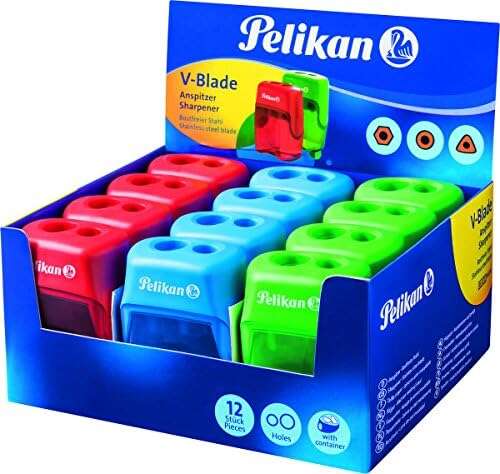 Pelikan V-Blade Sacapuntas Doble Orificio + Deposito - Colores Azul, Rojo y Verde