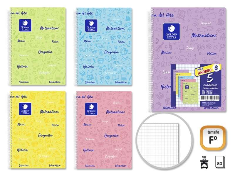 Golden Pack de 5 Cuadernos Asignatura Folio 80 Hojas 90gr Cuadricula 4x4 - Resistente - Ideal para Estudiantes - Tapa Flexible - Colores Pastel Surtidos