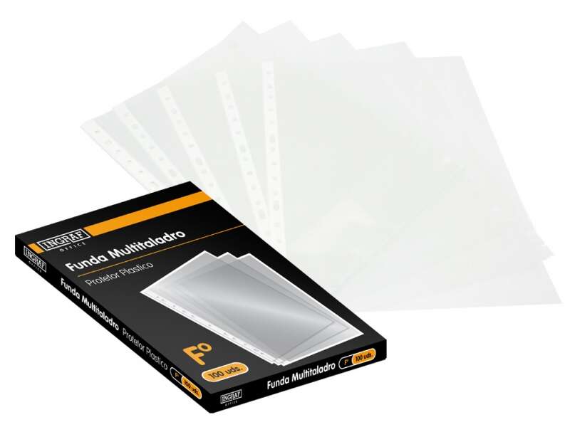 Ingraf Pack de 100 Fundas Multitaladro Folio Transparentes 70 Micras - Acabado Granulado
