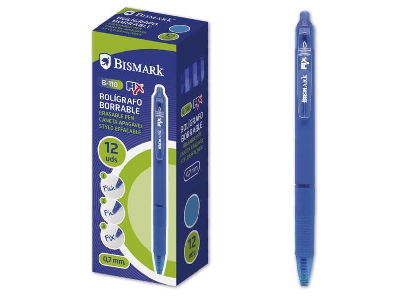 Bismark Boligrafo Borrable con Clip - Punta de 0.7 mm - Grip de Goma - Color Azul - Cantidad: 12