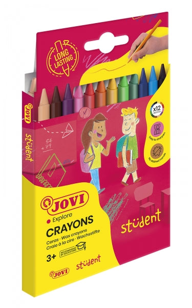 Jovi Crayons Student Estuche de 12 Ceras Plasticas - Resistentes - No Manchan - Agradables de Rayar