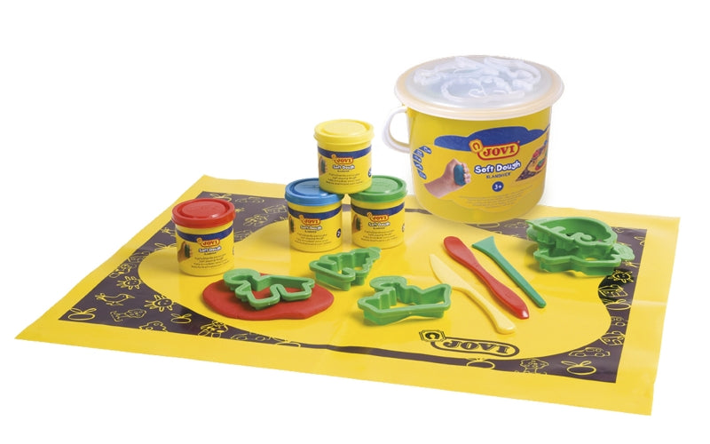 Jovi Soft Dough Blandiver Cubo 4 Botes 50gr + Accesorios - Blanda y Flexible - Facil de Amasar y Moldear - Ideal para Iniciacion al Modelaje - Color Varios