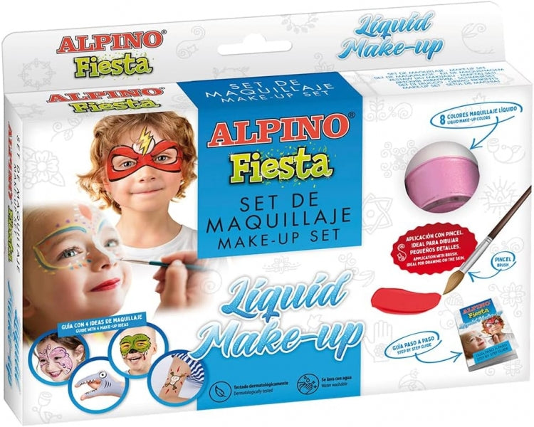 Alpino Fiesta Pack de 8 Botes de Maquillaje Liquido de Diferentes Colores + Pincel + Guia de Ideas - Se Lava con Agua - Testado Dermatologicamente