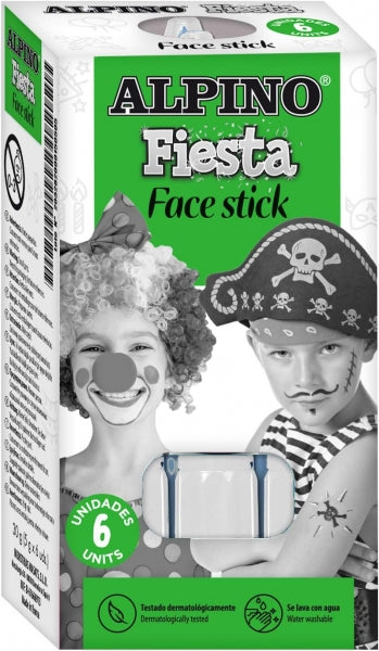 Alpino Fiesta Face Stick Pack con 6 Barritas de Pintura Facial - Sistema Retractil Giratorio - Se Lava con Agua - Testado Dermatologicamente - Color Blanco