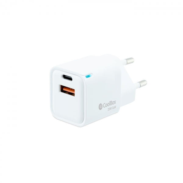 Coolbox Cargador de Pared 20W QC3.0 + PD - USB-A + USB-C - Carga Rapida - Tecnología GaN - Color Blanco