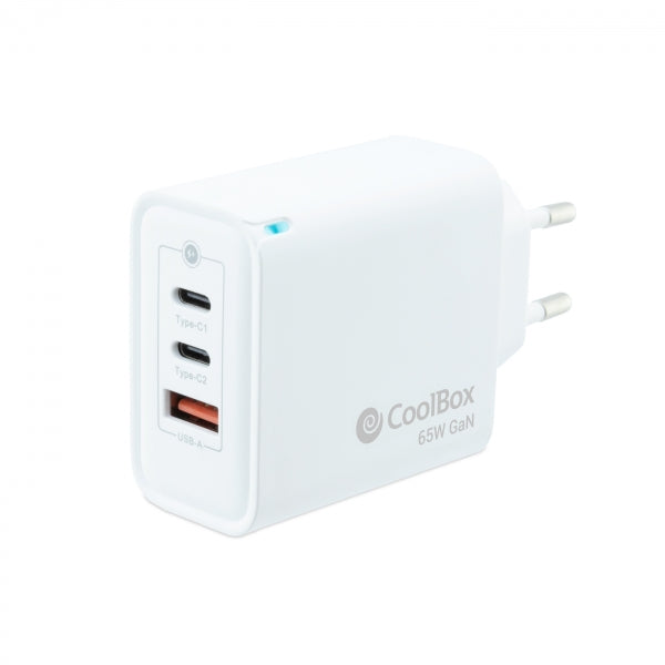 Coolbox Cargador de Pared 65W QC3.0 + PD - USB-A + 2xUSB-C - Carga Rapida - Tecnología GaN - Color Blanco