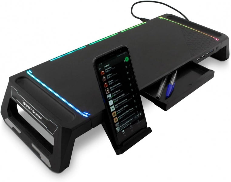 DeepGaming SN06 Soporte para Monitor - Ajustable 2 Alturas - Iluminacion RGB - 3 Puertos USB 2.0 + 1 Puerto USB 3.0 - Color Negro