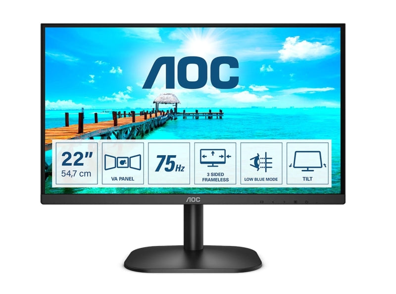 AOC Monitor 21.5" WLED FullHD 75Hz - Angulo de Vision 178° - HDMI, VGA, Audio - Montaje VESA 100x100