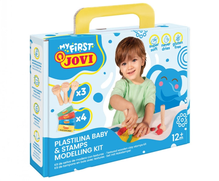 Jovi My First Plastilina Kit de Modelaje con 4 Pastillas de Plastilina 38gr + 3 Estampadores de Madera - Super Blanda - Estimula Creatividad y Sensibilidad Tactil - Fortalece Musculos de Manos y Dedos - Colores Surtidos