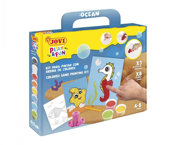 Jovi Play & Fun Kit Pinta con Arena Ocean con 8 Botes de Arena + 1 Punzon + 3 Laminas con Diseños de Animales Acuaticos - Colores Surtidos