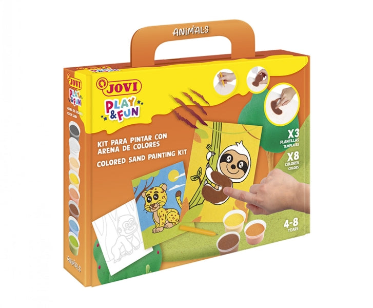 Jovi Play & Fun Kit Pinta con Arena Animals con 8 Botes de Arena + 1 Punzon + 3 Laminas con Diseños de Animales Terrestres - Colores Surtidos