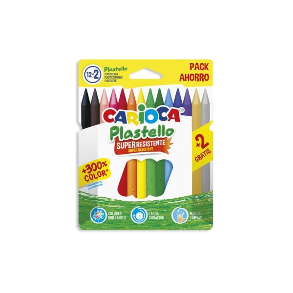 Carioca Plastello Pack de 12+2 Plasticeras - Extra Limpias - No Dejan Color en las Manos - Faciles de Afilar - Colores Surtidos Brillantes y Lavables