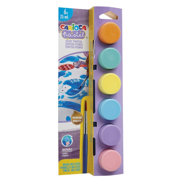 Carioca Pastel Pack de 6 Temperas en Botes de 25ml + Pincel - Superlavables - Mezclables - Colores Pastel Surtidos
