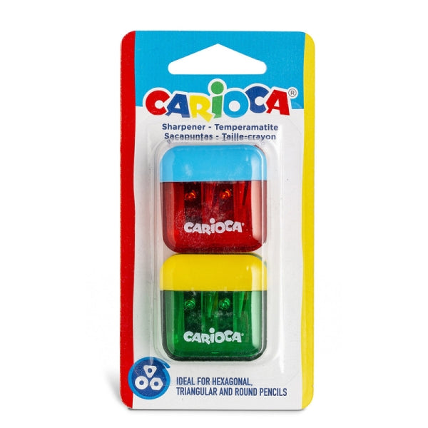 Carioca Pack de 2 Minisacapuntas de 2 Orificios con Deposito - Tapon de Seguridad en la Cuchilla - Colores Aleatorios Surtidos
