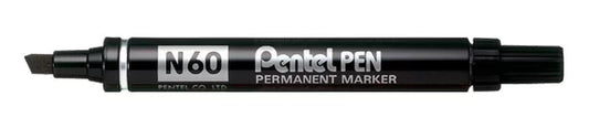 Pentel Pen N60 Rotulador Permanente - Punta Biselada Resistente y Duradera - Resistente a Agua y Luz - Color Negro - Cantidad: 12