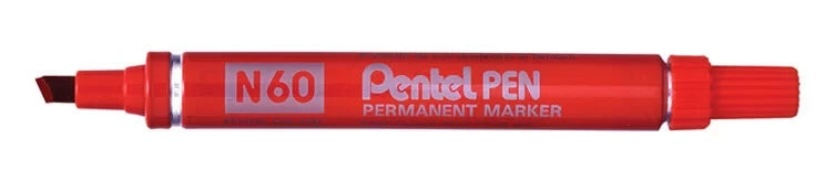 Pentel Pen N60 Rotulador Permanente - Punta Biselada Resistente y Duradera - Resistente a Agua y Luz - Color Rojo - Cantidad: 12