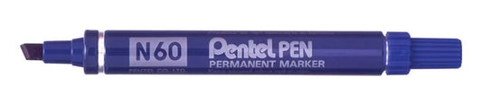 Pentel Pen N60 Rotulador Permanente - Punta Biselada Resistente y Duradera - Resistente a Agua y Luz - Color Azul - Cantidad: 12