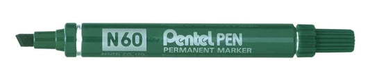 Pentel Pen N60 Rotulador Permanente - Punta Biselada Resistente y Duradera - Resistente a Agua y Luz - Color Verde - Cantidad: 12