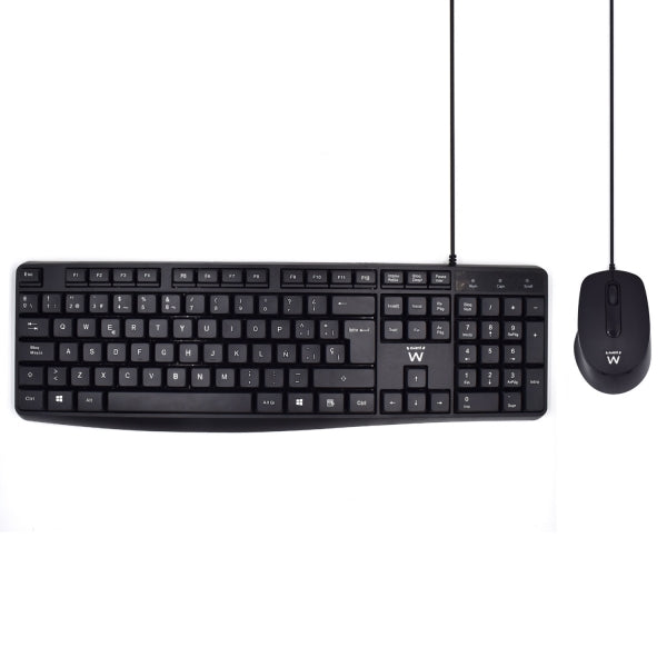 Ewent Paquete con Cable KB+RATON - Teclado de Oficina -Cable USB-A de 1.35m - Raton de oficina - 1000dpi - Cable USB-A de 1.35m - Color Negro