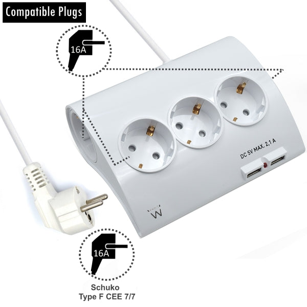 Ewent Regleta de Energia - 5 enchufes - Version Schuko - 16A - 2 Puertos USB - Cable de 1.5m - Color Blanco