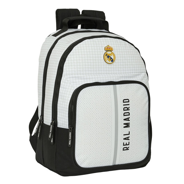 Safta Real Madrid 1ª Equip. 24/25 Mochila de 2 Compartimentos 21.5L - Tamaño 32x16x42cm - 2 Compartimentos Grandes y Bolsillo Frontal - Adaptable a Carro Portamochilas - Asa de Mano - Color Blanco/Negro