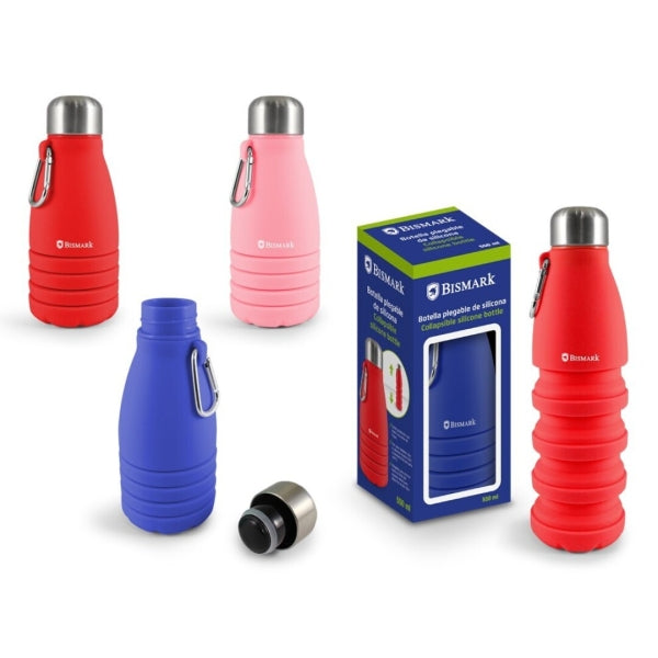 Bismark Botella de Silicona Plegable 550ml - Tapon de Acero Inoxidable - Mosqueton de Transporte - Colores Rosa, Rojo y Azul - Cantidad: 6