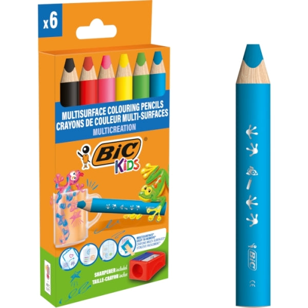 Bic Kids Multisuperficie Pack de 6 Lapices de Colores + Sacapuntas - Cuerpo Triangular - Minas Borra