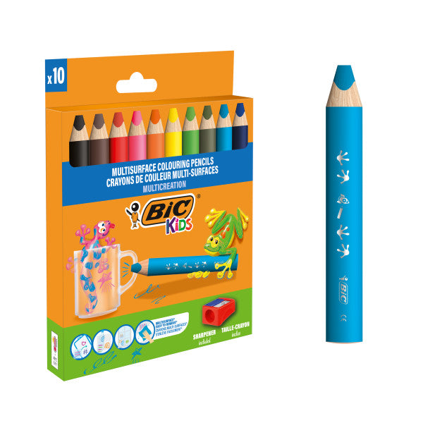 Bic Kids Multisuperficie Pack de 10 Lapices de Colores + Sacapuntas - Cuerpo Triangular - Minas Borr