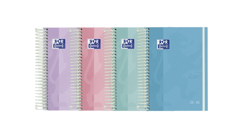 Oxford Touch Pastel Agenda Escolar 25/26 Espiral Dia Pagina - Tamaño 8º - Tapa Extradura Peliculado Touch - Esquinas Microperforadas - Espacio para Notas - Cierre con Goma - Colores Pastel Surtidos - Cantidad: 8