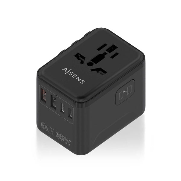 Aisens Adaptador de Viaje Universal GaN 35W - 2xUSB-A QC3.0, 2xUSB-C PD3.0 - Color Negro