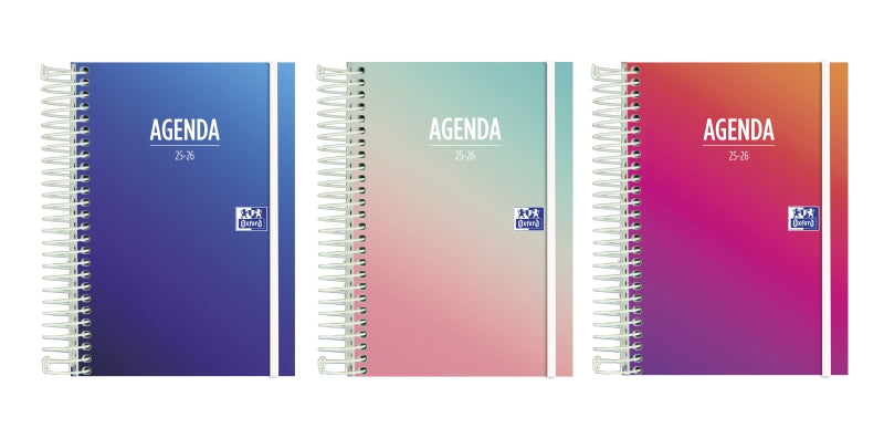 Oxford Gradient Agenda Escolar 25/26 Espiral Dia Pagina - Tamaño 8º - Tapa Extradura - Esquinas Microperforadas - Espacio para Notas - Cierre con Goma - Diseños Surtidos - Cantidad: 8