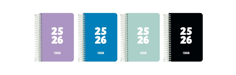 Enri Teens Agenda Escolar 25/26 Espiral Dia Pagina - Tamaño 8º - Tapa de Plastico - Esquinas Microperforadas - Espacio para Notas - Colores Surtidos - Cantidad: 5