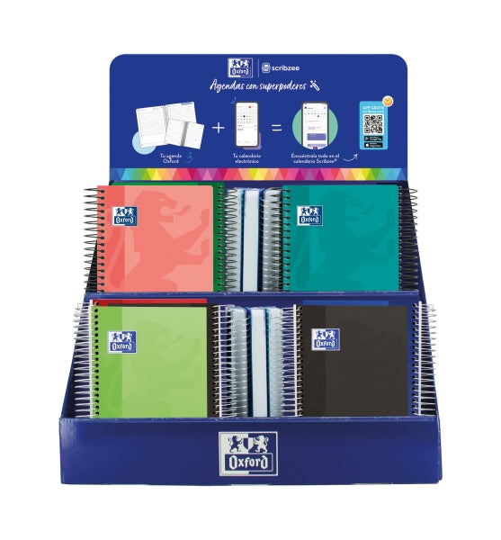 Oxford Basicos Expositor de 38 Agendas Escolares 25/26 Espiral - Incluye Agendas de Dia Pagina y Semana Vista - Diseños Surtidos