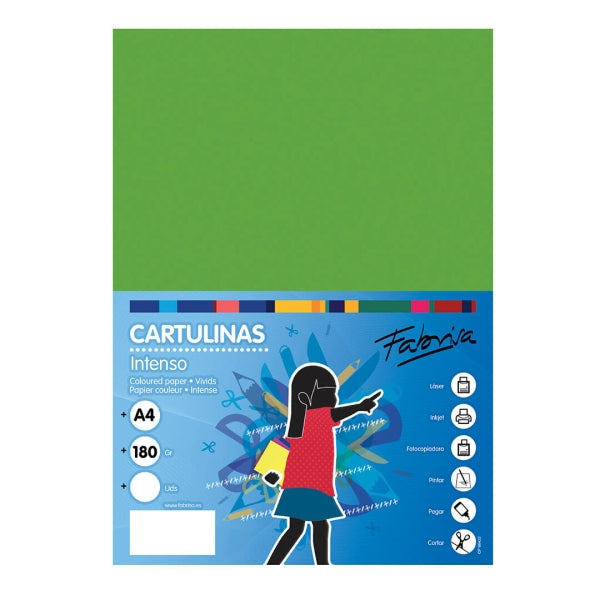 Fabrisa Pack de 50 Cartulinas 180 g/m² - Tamaño A4 - Color Verde Fuerte