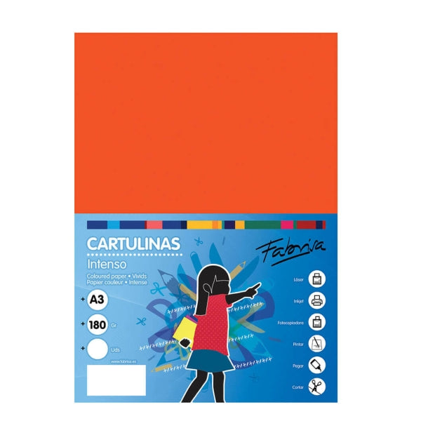 Fabrisa Pack de 25 Cartulinas 180 g/m² - Tamaño A3 - Color Naranja