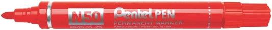 Pentel Pen N50 Rotulador Permanente - Punta de 4.3mm - Resistente a Agua y Luz - Color Rojo - Cantidad: 12