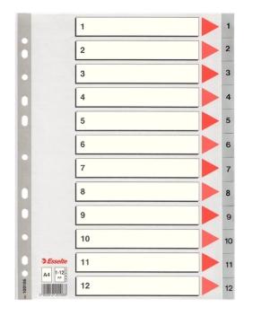 ESSELTE ÍNDICE NUMÉRICO MULTITALADRO 1-12 POLIPROPILENO A4 GRIS CON CARÁTULA ÍNDICE CARTÓN COLOR